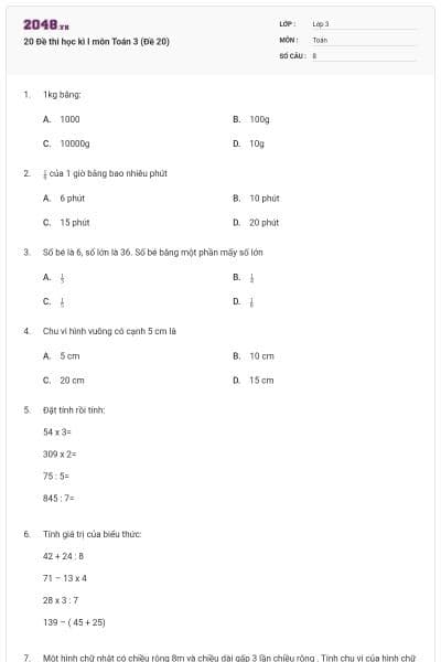 20 Đề thi học kì I môn Toán 3 (Đề 20)