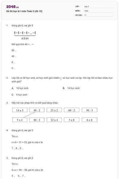 Đề thi học kì I môn Toán 3 (đề 10)