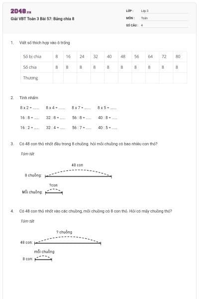 Giải VBT Toán 3 Bài 57: Bảng chia 8