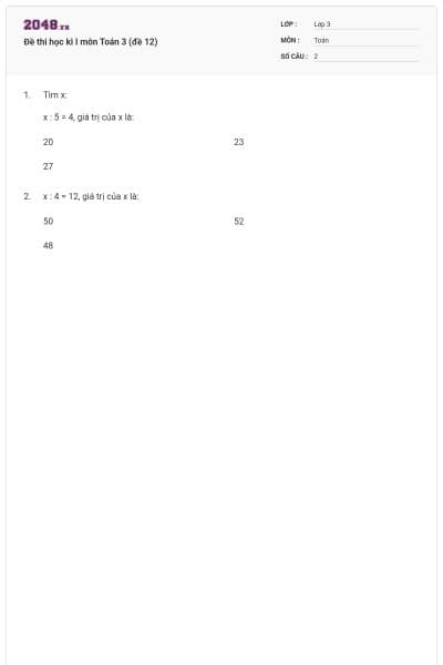 Đề thi học kì I môn Toán 3 (đề 12)