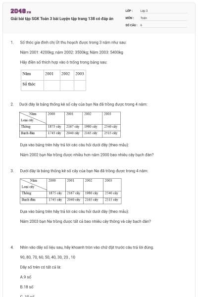 Giải bài tập SGK Toán 3 bài Luyện tập trang 138 có đáp án