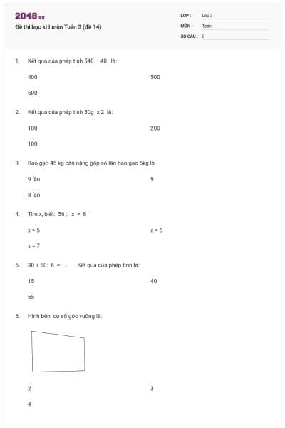 Đề thi học kì I môn Toán 3 (đề 14)
