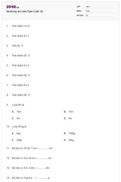 Đề thi học kì I môn Toán 3 (đề 13)