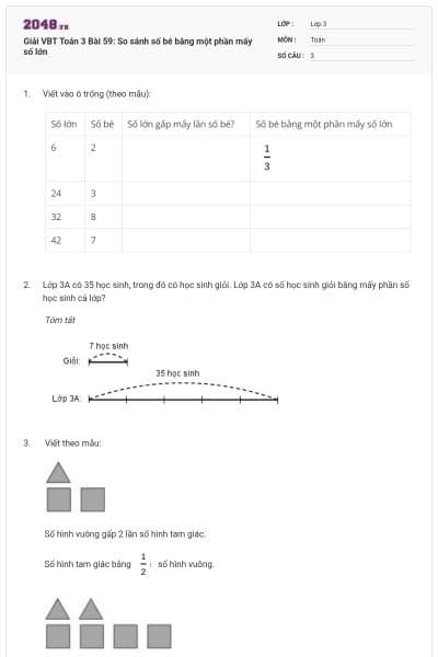Giải VBT Toán 3 Bài 59: So sánh số bé bằng một phần mấy số lớn