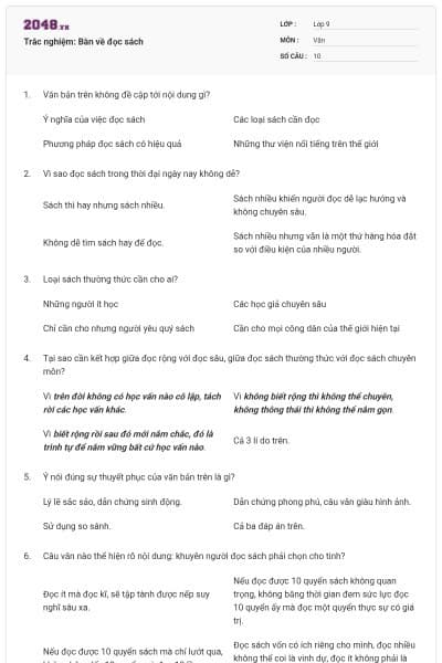 Trắc nghiệm: Bàn về đọc sách