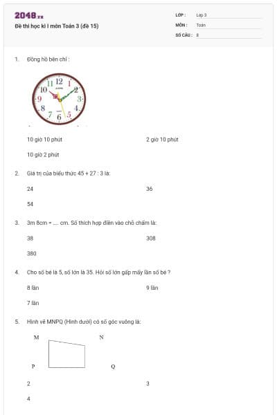 Đề thi học kì I môn Toán 3 (đề 15)