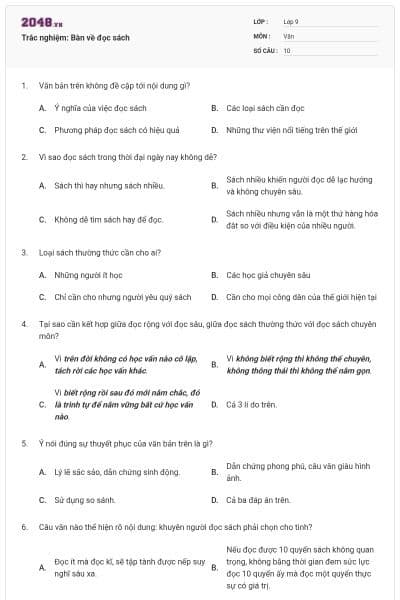 Trắc nghiệm: Bàn về đọc sách