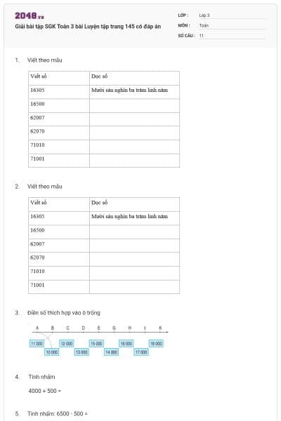 Giải bài tập SGK Toán 3 bài Luyện tập trang 145 có đáp án