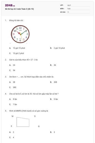 Đề thi học kì I môn Toán 3 (đề 15)