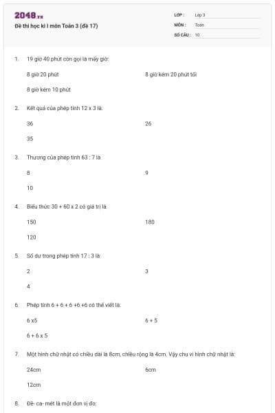 Đề thi học kì I môn Toán 3 (đề 17)