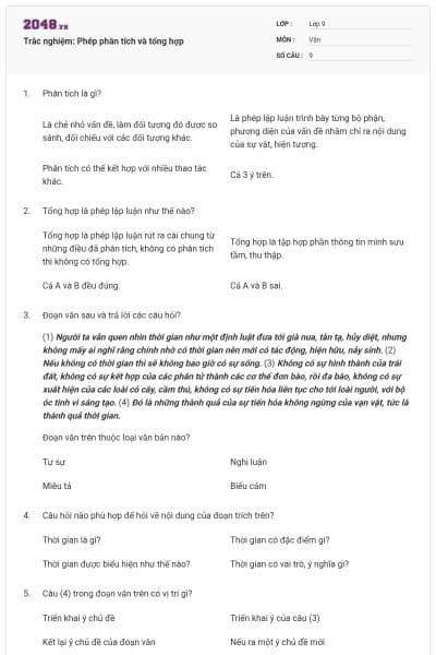 Trắc nghiệm: Phép phân tích và tổng hợp