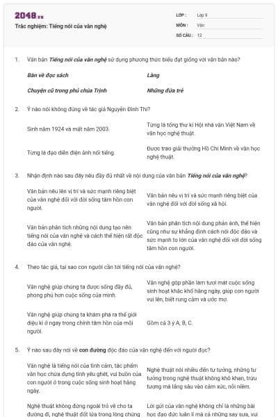 Trắc nghiệm: Tiếng nói của văn nghệ