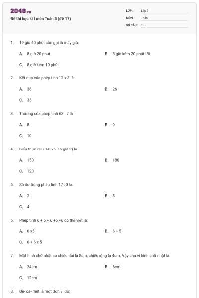 Đề thi học kì I môn Toán 3 (đề 17)