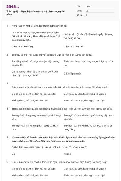 Trắc nghiệm: Nghị luận về một sự việc, hiện tượng đời sống