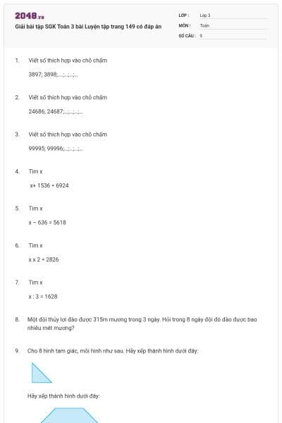 Giải bài tập SGK Toán 3 bài Luyện tập trang 149 có đáp án