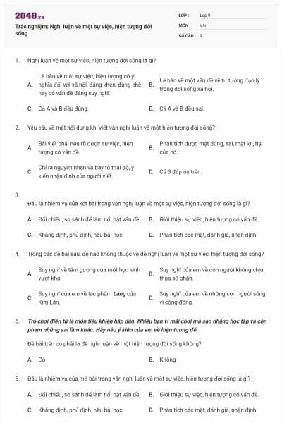 Trắc nghiệm: Nghị luận về một sự việc, hiện tượng đời sống