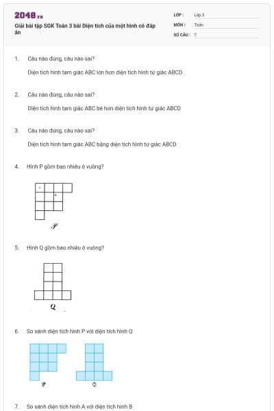 Giải bài tập SGK Toán 3 bài Diện tích của một hình có đáp án