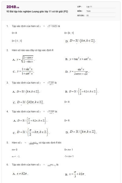 93 Bài tập trắc nghiệm Lượng giác lớp 11 có lời giải (P2)