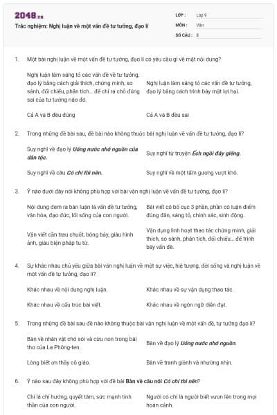 Trắc nghiệm: Nghị luận về một vấn đề tư tưởng, đạo lí