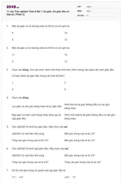11 câu Trắc nghiệm Toán 8 Bài 1: Đa giác. Đa giác đều có đáp án ( Phần 2)