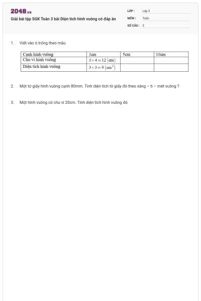 Giải bài tập SGK Toán 3 bài Diện tích hình vuông có đáp án