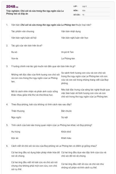 Trắc nghiệm: Chó sói và cừu trong thơ ngụ ngôn của La Phông-ten có đáp án