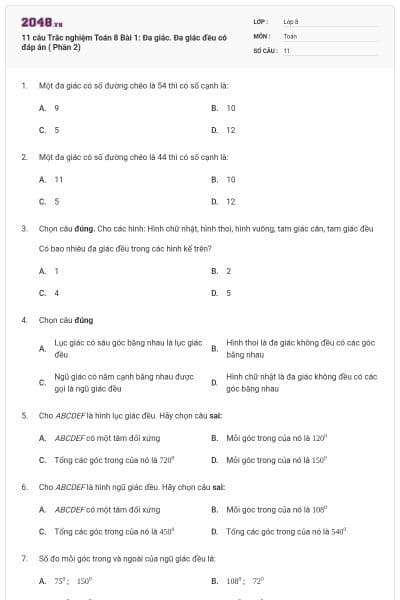 11 câu Trắc nghiệm Toán 8 Bài 1: Đa giác. Đa giác đều có đáp án ( Phần 2)