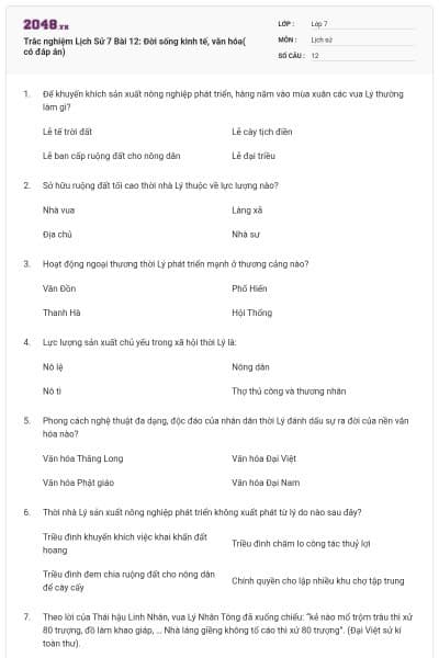 Trắc nghiệm Lịch Sử 7 Bài 12: Đời sống kinh tế, văn hóa( có đáp án)