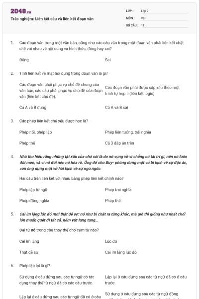 Trắc nghiệm: Liên kết câu và liên kết đoạn văn