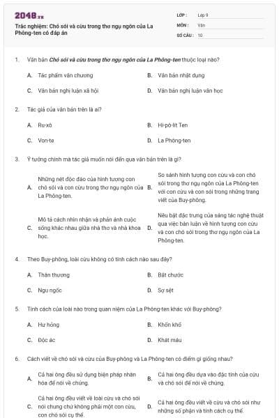 Trắc nghiệm: Chó sói và cừu trong thơ ngụ ngôn của La Phông-ten có đáp án