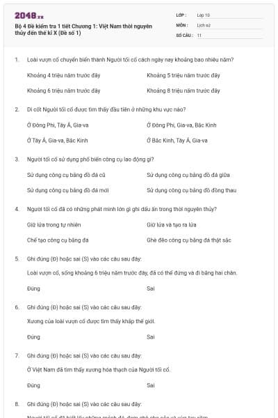 Bộ 4  Đề kiểm tra 1 tiết Chương 1: Việt Nam thời nguyên thủy đến thế kỉ X (Đề số 1)