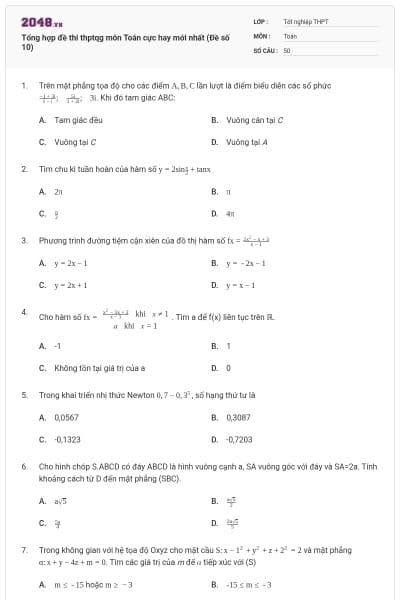 Tổng hợp đề thi thptqg môn Toán cực hay mới nhất (Đề số 10)