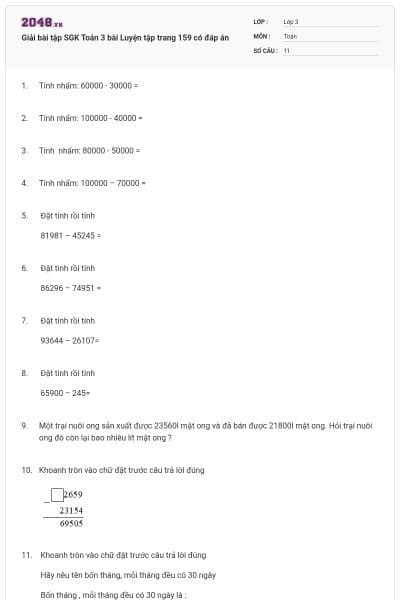 Giải bài tập SGK Toán 3 bài Luyện tập trang 159 có đáp án