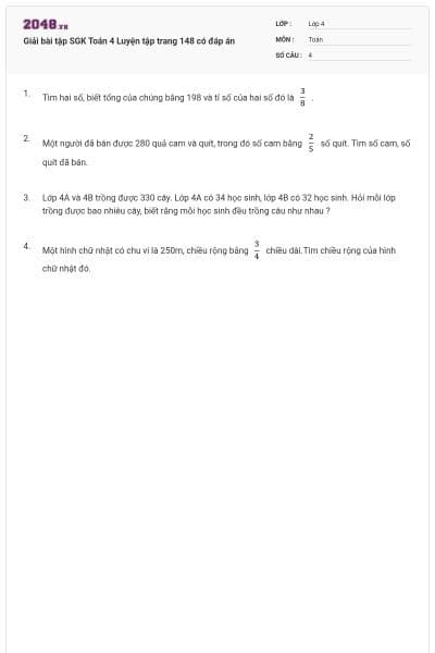 Giải bài tập SGK Toán 4 Luyện tập trang 148 có đáp án