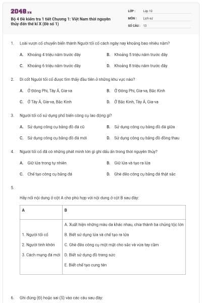 Bộ 4  Đề kiểm tra 1 tiết Chương 1: Việt Nam thời nguyên thủy đến thế kỉ X (Đề số 1)