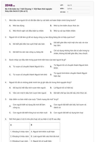 Bộ 4  Đề kiểm tra 1 tiết Chương 1: Việt Nam thời nguyên thủy đến thế kỉ X (Đề số 2)