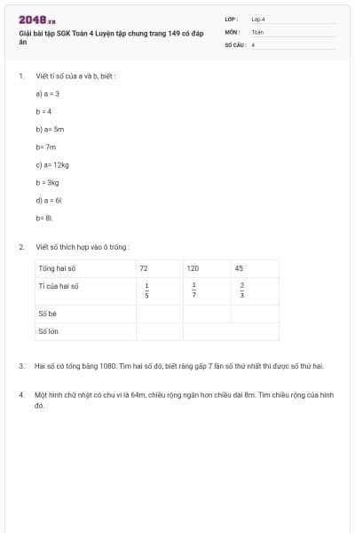 Giải bài tập SGK Toán 4 Luyện tập chung trang 149 có đáp án