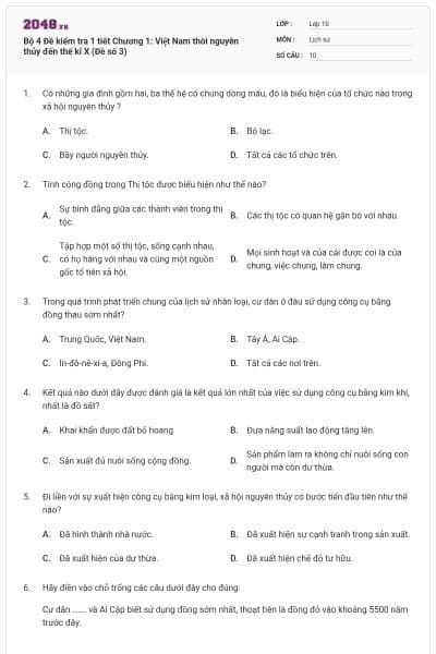 Bộ 4  Đề kiểm tra 1 tiết Chương 1: Việt Nam thời nguyên thủy đến thế kỉ X (Đề số 3)