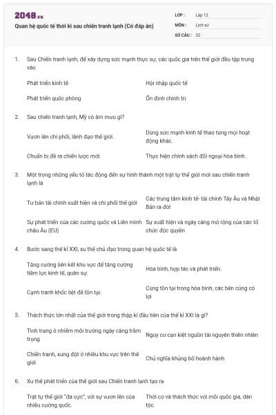 Quan hệ quốc tế thời kì sau chiến tranh lạnh (Có đáp án)