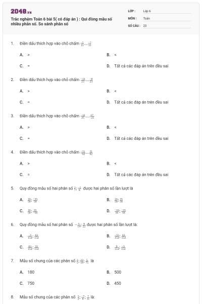 Trắc nghệm Toán 6 bài 5( có đáp án ) : Qui đồng mẫu số nhiều phân số. So sánh phân số