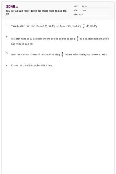 Giải bài tập SGK Toán 4 Luyện tập chung trang 153 có đáp án
