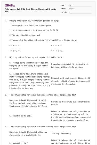 Trắc nghiệm Sinh 9 Bài 1 (có đáp án): Menđen và Di truyền học