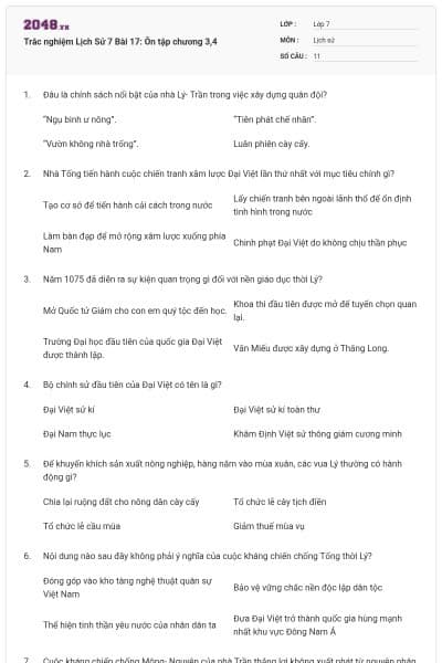 Trắc nghiệm Lịch Sử 7 Bài 17: Ôn tập chương 3,4