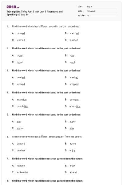 Trắc nghiệm Tiếng Anh 9 mới Unit 9 Phonetics and Speaking có đáp án