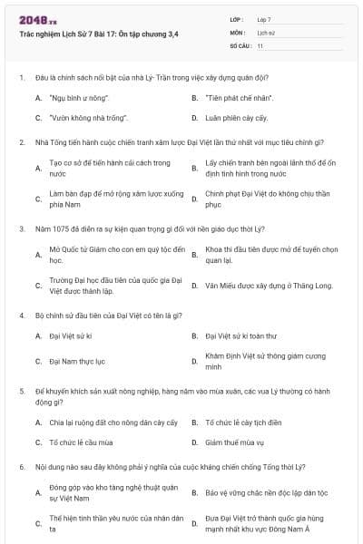 Trắc nghiệm Lịch Sử 7 Bài 17: Ôn tập chương 3,4