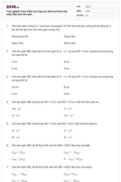 Trắc nghiệm Toán 8 Bài 2(có đáp án): Diện tích hình chữ nhật, Diện tích tam giác