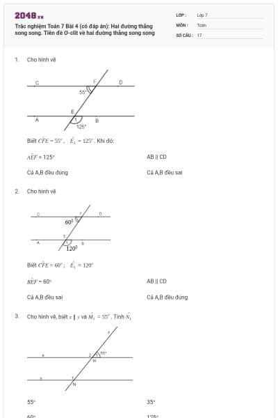 Trắc nghiệm Toán 7 Bài 4 (có đáp án): Hai đường thẳng song song. Tiên đề Ơ-clit về hai đường thẳng song song