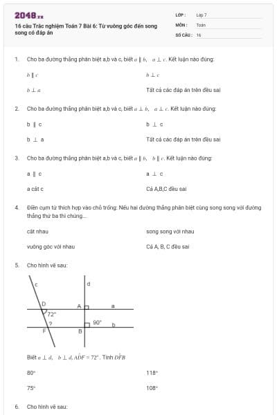16 câu Trắc nghiệm Toán 7 Bài 6: Từ vuông góc đến song song có đáp án