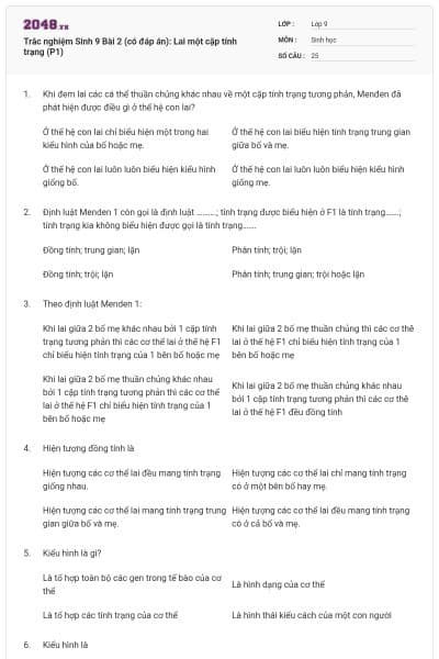 Trắc nghiệm Sinh 9 Bài 2 (có đáp án): Lai một cặp tính trạng (P1)