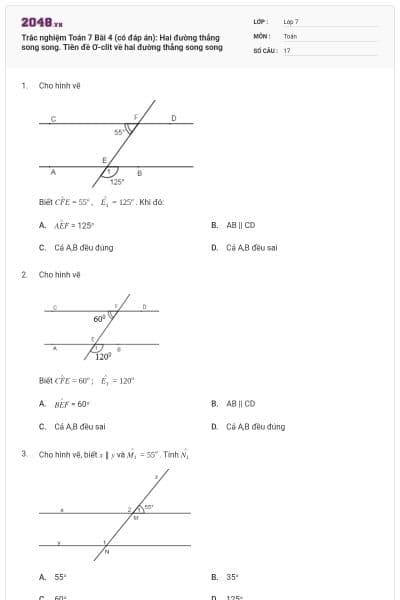 Trắc nghiệm Toán 7 Bài 4 (có đáp án): Hai đường thẳng song song. Tiên đề Ơ-clit về hai đường thẳng song song